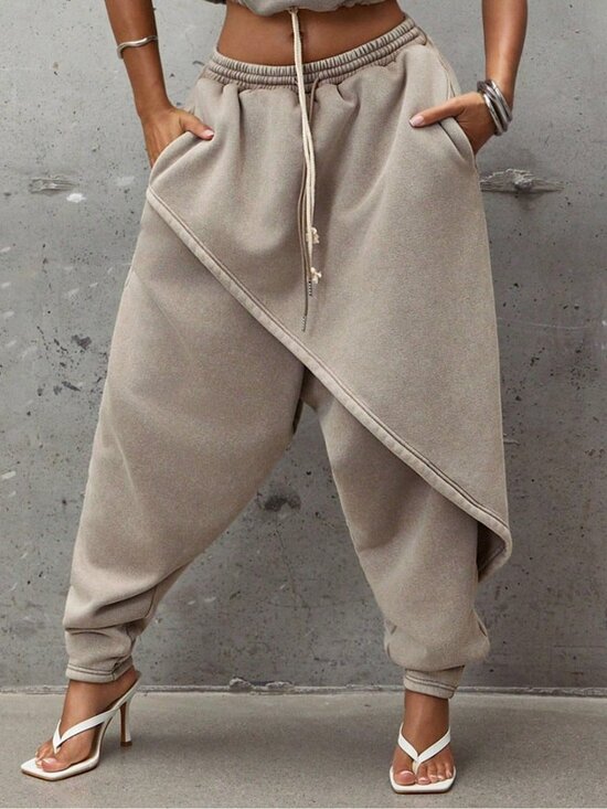 Nike Pants - Grey Casual Women's Drawstring Pocket Layered Detail Long Loose Harem Sweatpants